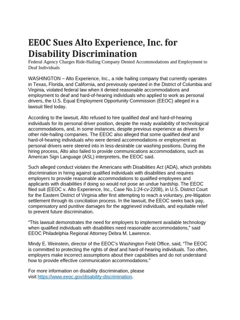 EEOC Sues Alto Experience | PDF | Americans With Disabilities Act Of ...