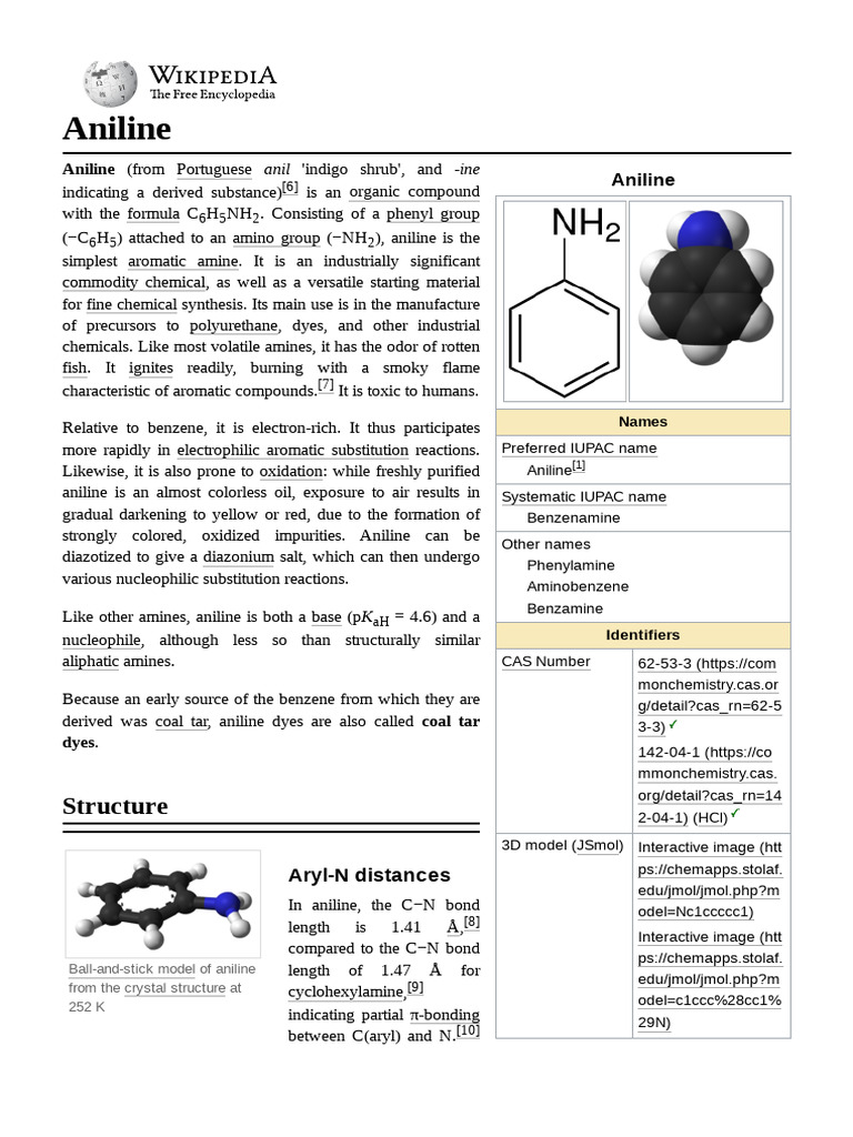 アニリン　科学小説 Aniline: Structure and Synthesis | PDF | Amine | Organic Chemistry