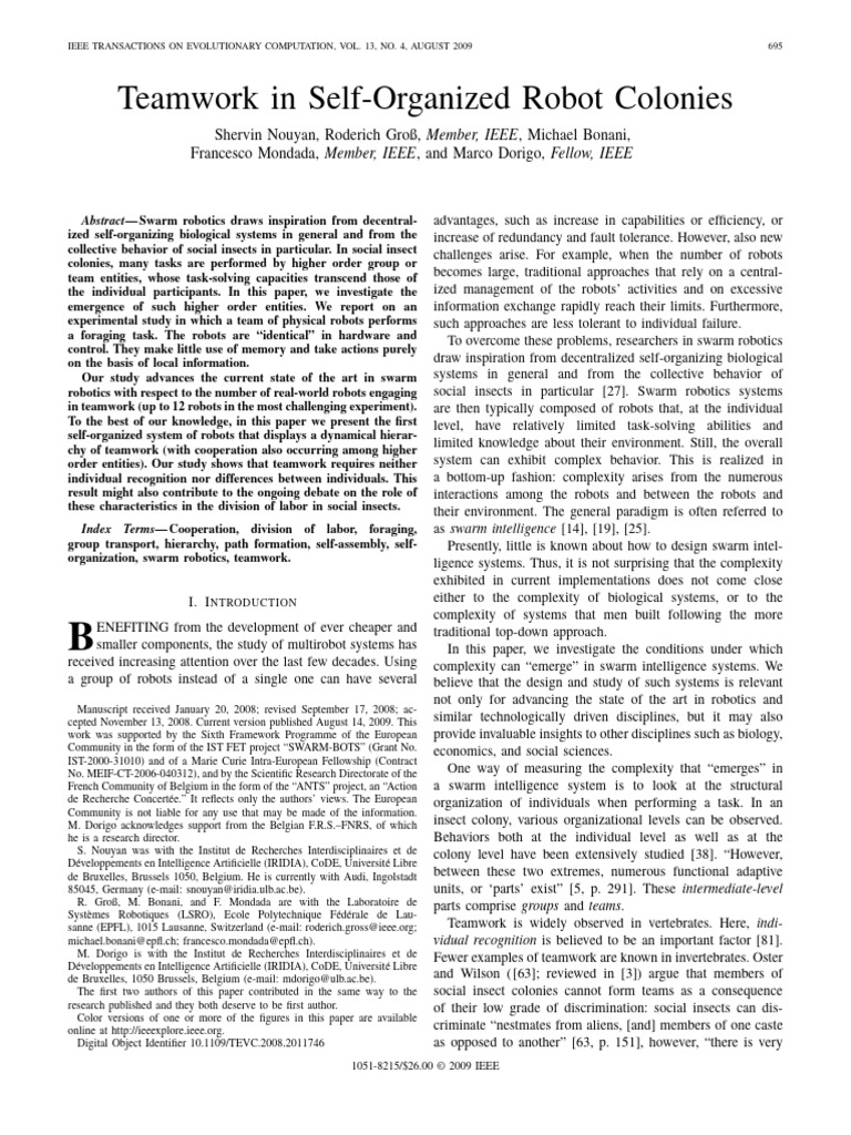 Teamwork Dynamics in Swarm Robotics | PDF | System | Robotics