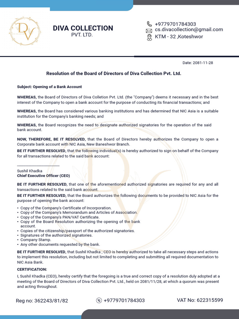 Resolution to Open Bank Account | PDF | Board Of Directors