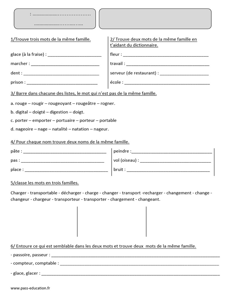 Exercices sur les familles de mots | PDF