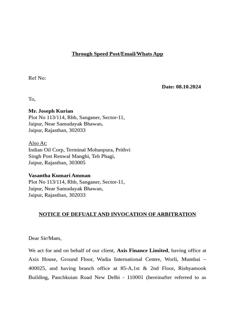 Arb Sec 11 Notice Joseph Kurian | PDF | Arbitration | Common Law