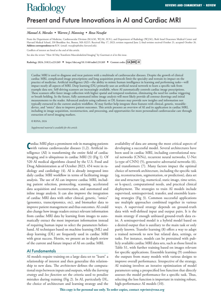 Present and Future Innovations in AI and Cardiac MRI | PDF | Magnetic ...