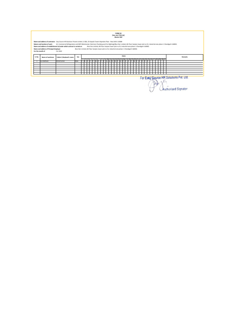 Muster Roll for Blue Star Limited | PDF