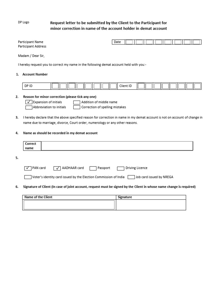 Name Correction Request for Demat Account | PDF