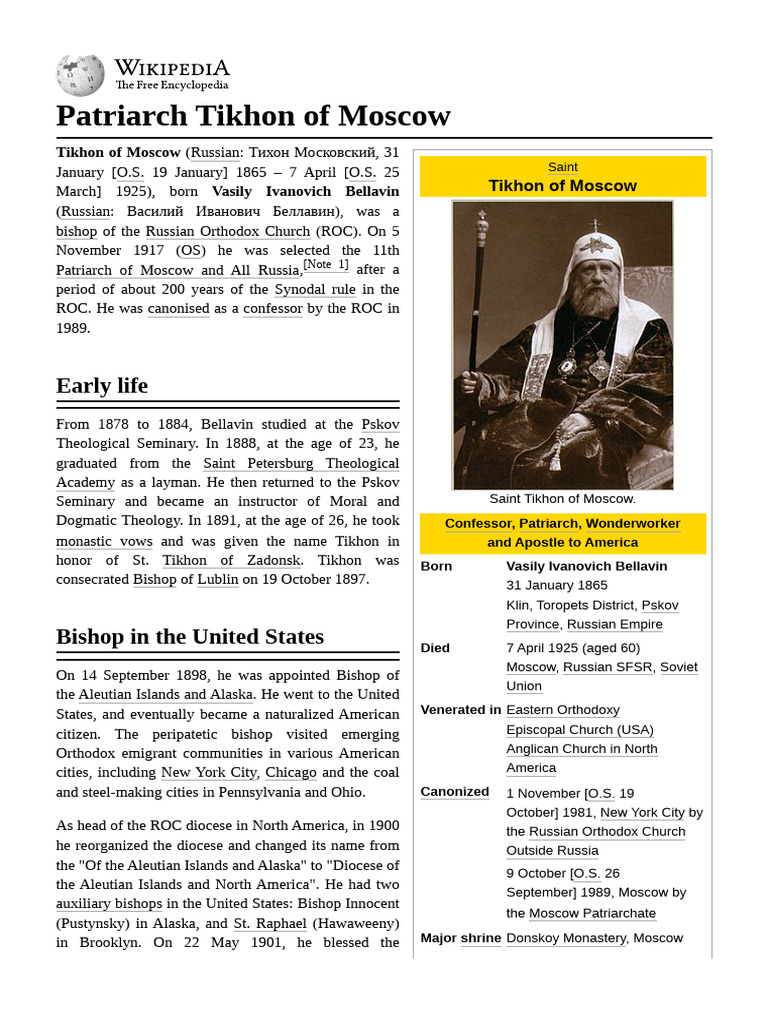 Patriarch Tikhon of Moscow | PDF | Russian Orthodox Church | Christian ...