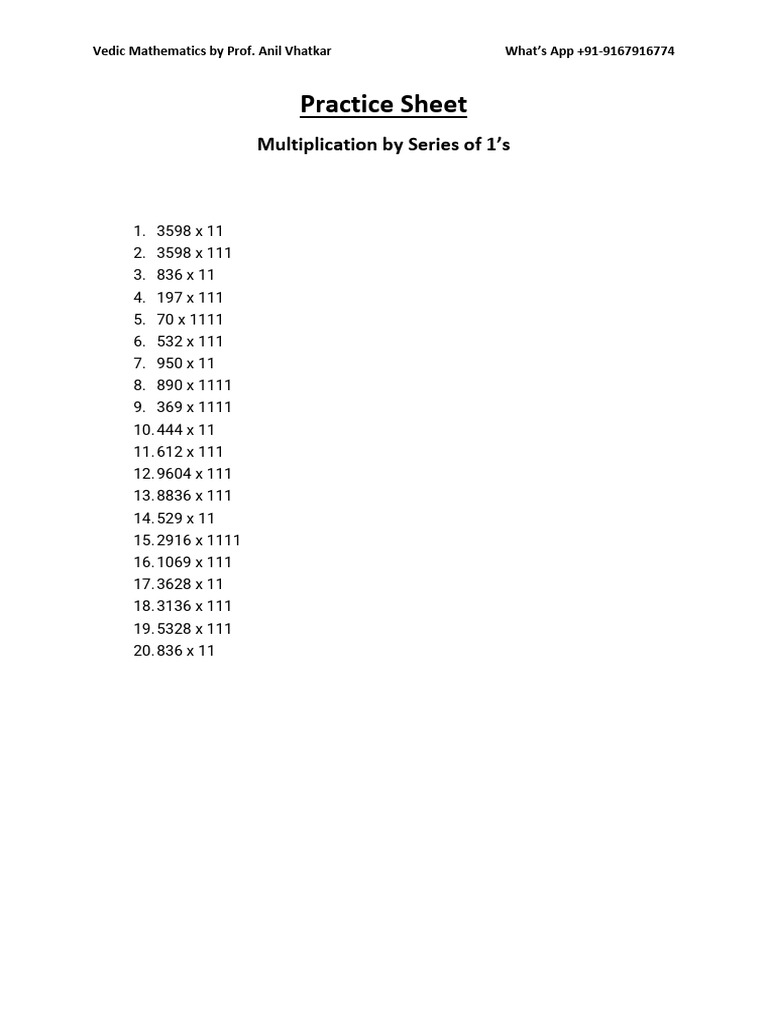 Vedic Maths Multiplication Practice Sheet | PDF