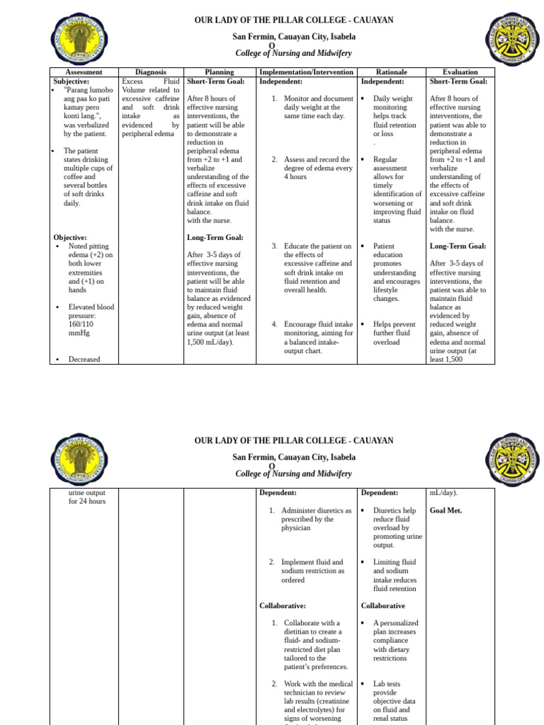 Nursing Care Plan for Fluid Balance | PDF | Edema | Dieting