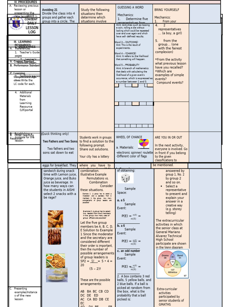 Weekly Math Lesson Plan: Probability & Combinations | PDF | Learning ...