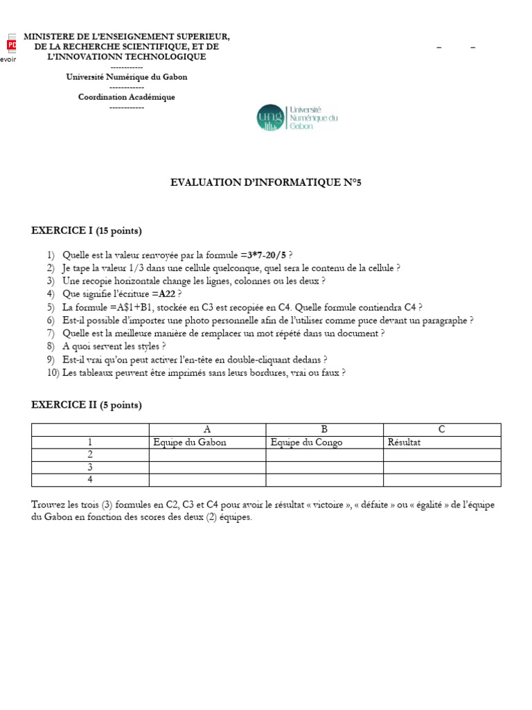 Évaluation d'informatique : exercices et formules | PDF