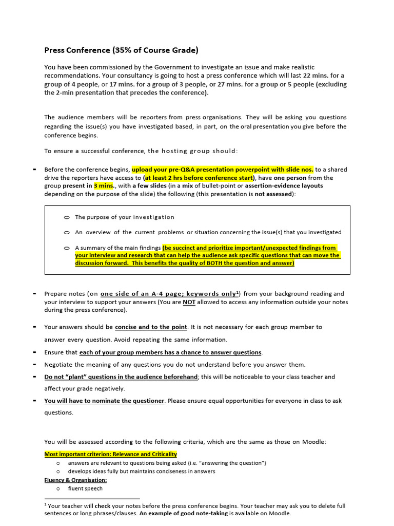 Press Conference Guidelines and Assessment | PDF | Question | Fluency