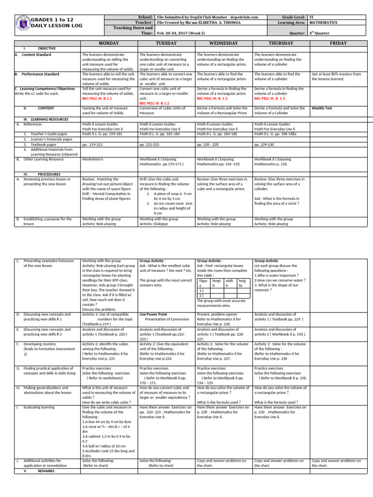 Grade 6 Math Lesson Plan on Volume | PDF | Volume | Area