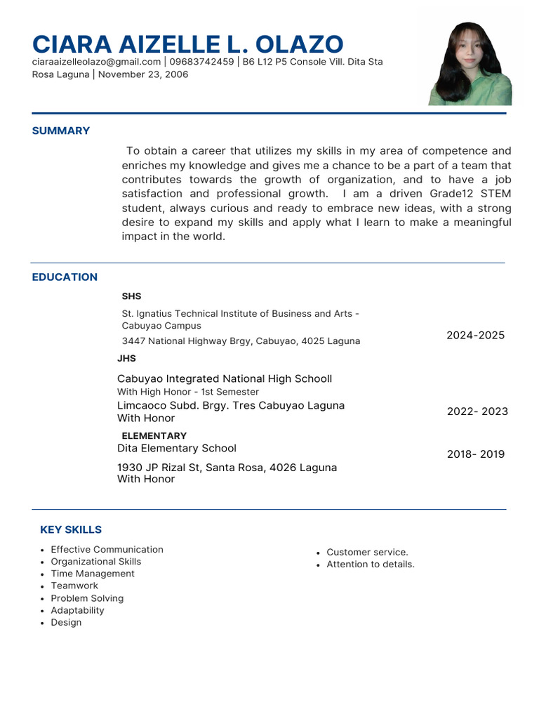 Grade 12 STEM Student Resume | PDF