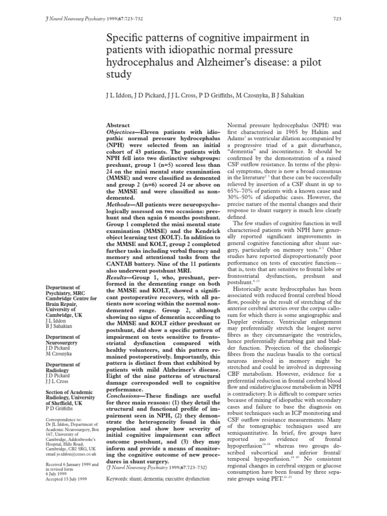 Speci C Patterns of Cognitive Impairment in Patients With Idiopathic ...