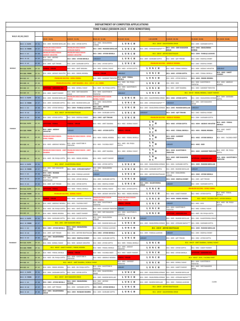 BCA 2025 Even Semester Timetable | PDF