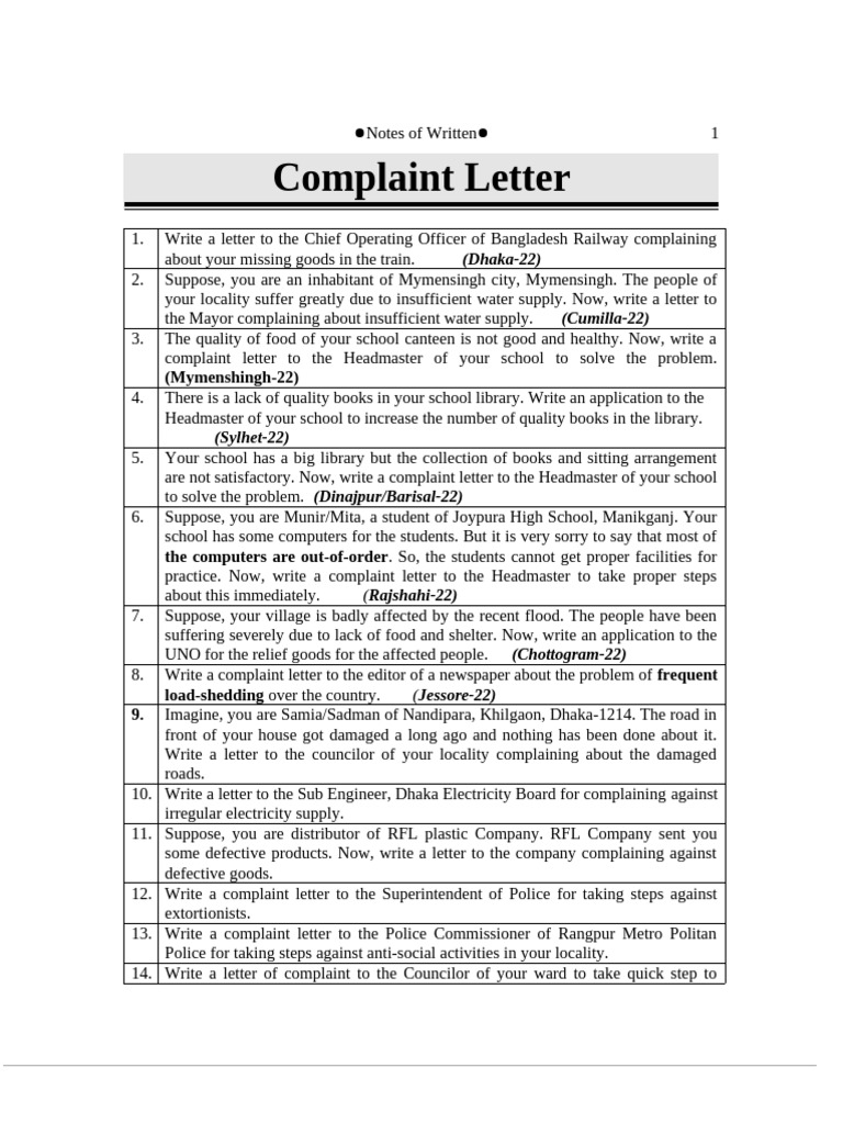 Complaint Letters for Various Issues | PDF