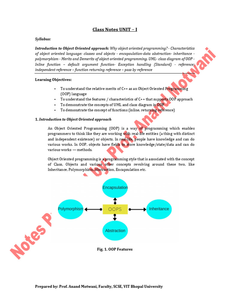 Notes_CSE2001_OOP_with_C++_Unit I | PDF | Class (Computer Programming ...