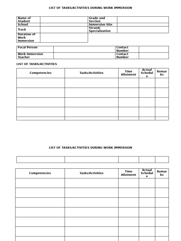Work Immersion Task List Template | PDF