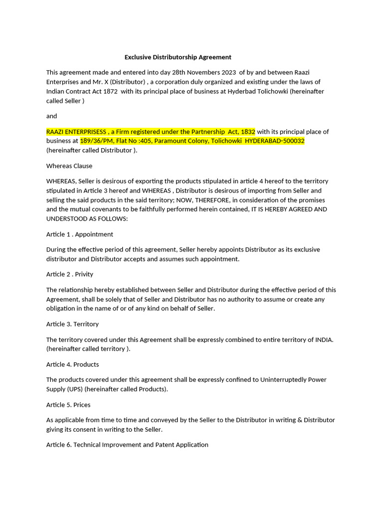 Exclusive Distributor Agreement Template | PDF | Letter Of Credit | Patent
