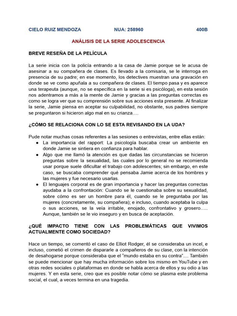 Análisis de la serie Adolescencia | PDF