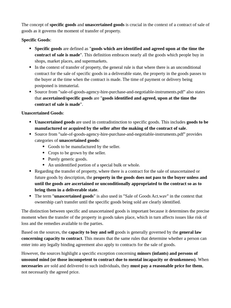 Specific vs Unascertained Goods in Sales | PDF | Breach Of Contract ...