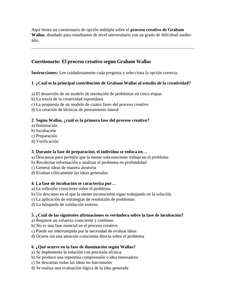 Cuestionario sobre el proceso creativo de Wallas | PDF | Creatividad ...