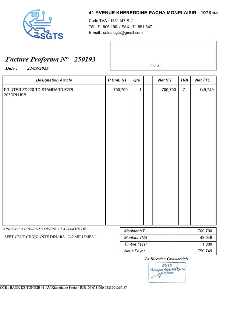 Facture Proforma N° 250193 | PDF