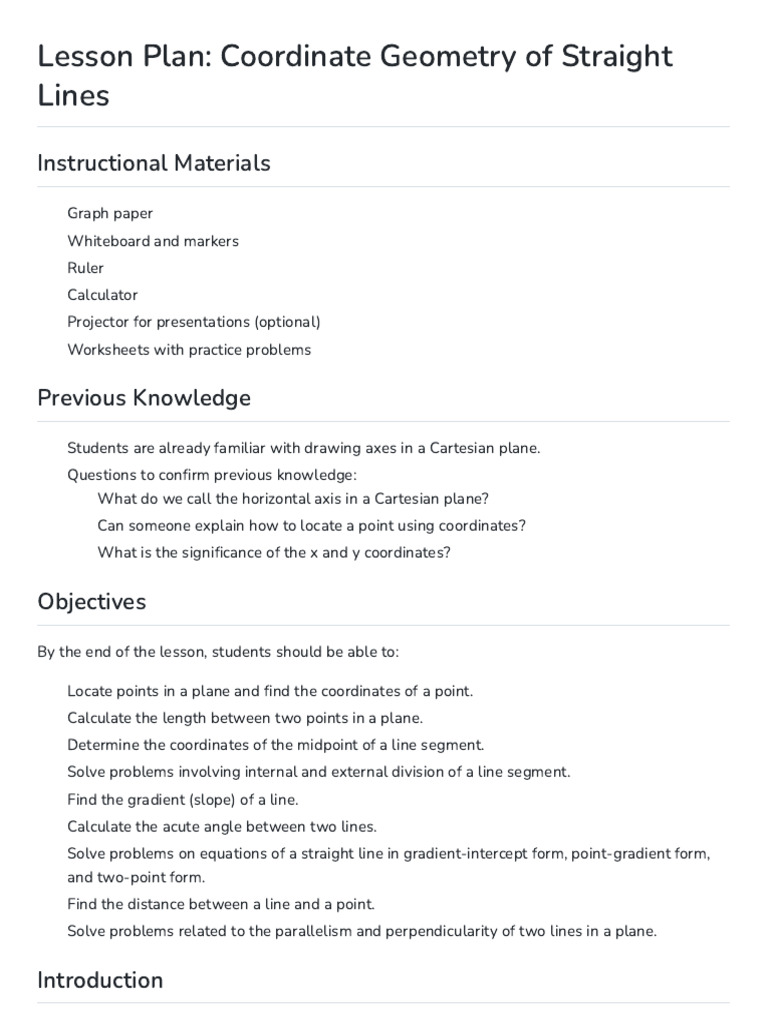Coordinate Geometry Lesson Plan | PDF | Line (Geometry) | Cartesian ...
