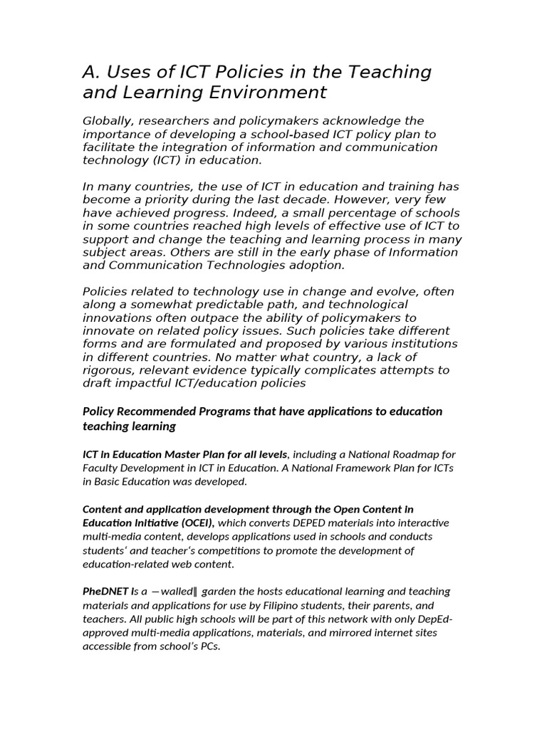 ICT Policies for Education Integration | PDF | Information And ...