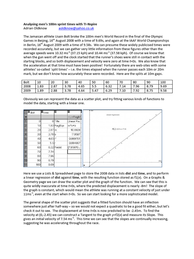 100m Sprint Time Analysis with TI-Nspire | PDF | Spline (Mathematics ...