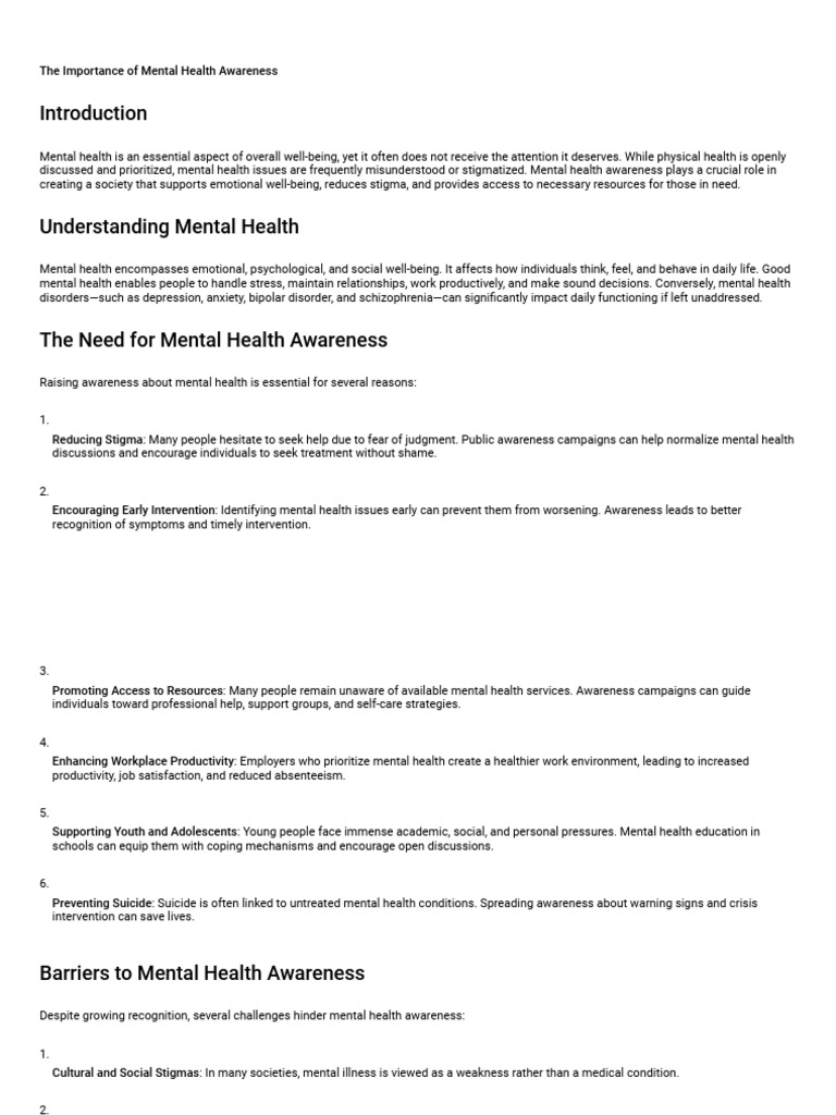 The Importance of Mental Health Awareness | PDF | Mental Health ...