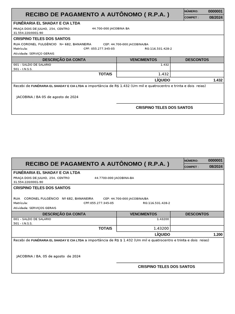 Recibo de Pagamento Autônomo - RPA 2024 | PDF | Seguro social | Bem ...