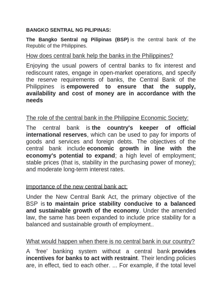 Role of Bangko Sentral ng Pilipinas | PDF | Central Banks | Banks