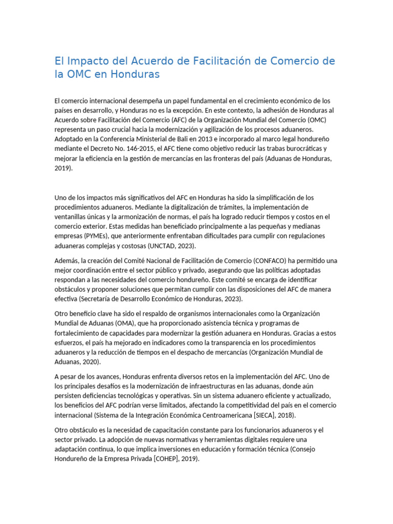 Impacto del AFC de la OMC en Honduras | PDF | aduana | Organización de ...