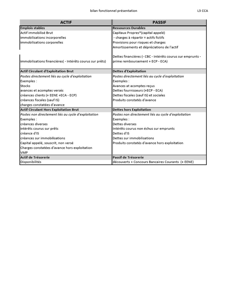 Bilan fonctionnel L3 CCA : Actif et Passif | PDF | Capitaux propres ...