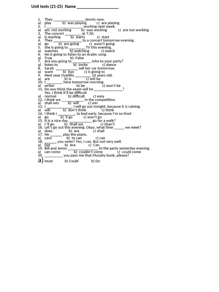 English Unit Tests with Answers | PDF