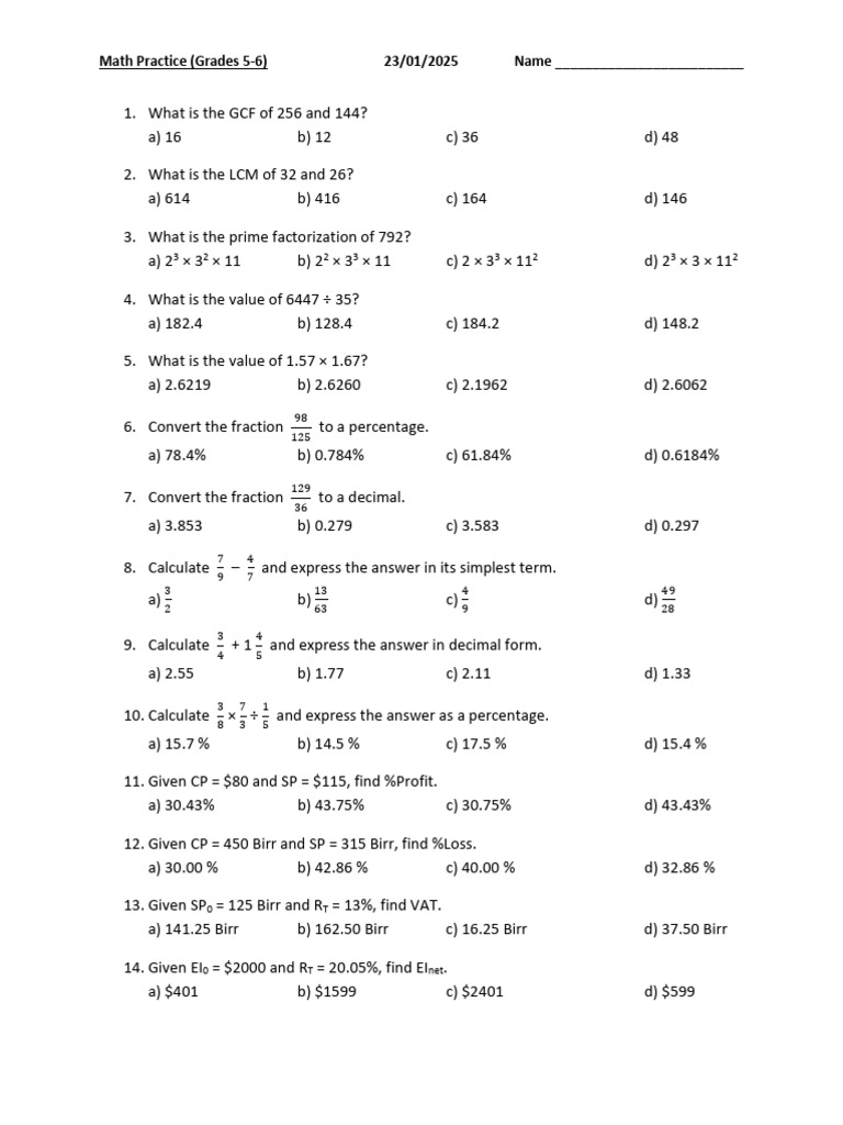 Math Practice Worksheet for Grades 5-6 | PDF | Area | Numbers