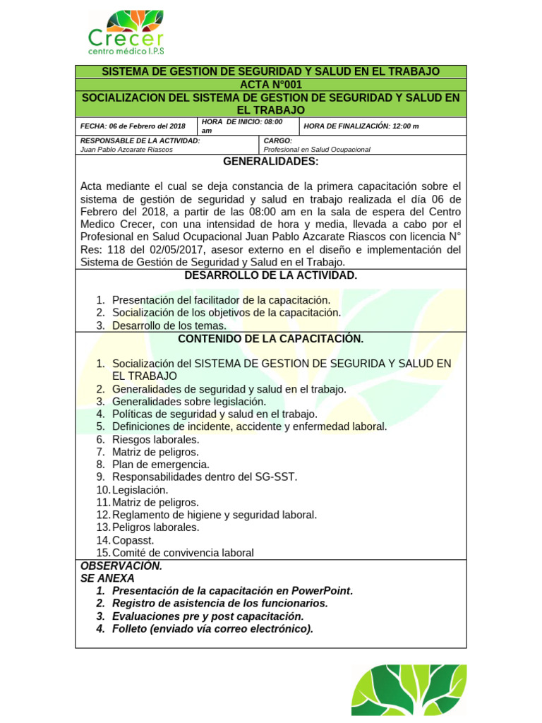 Acta N°01 Capacitacion SGSST CMC | PDF | Seguridad y salud ocupacional