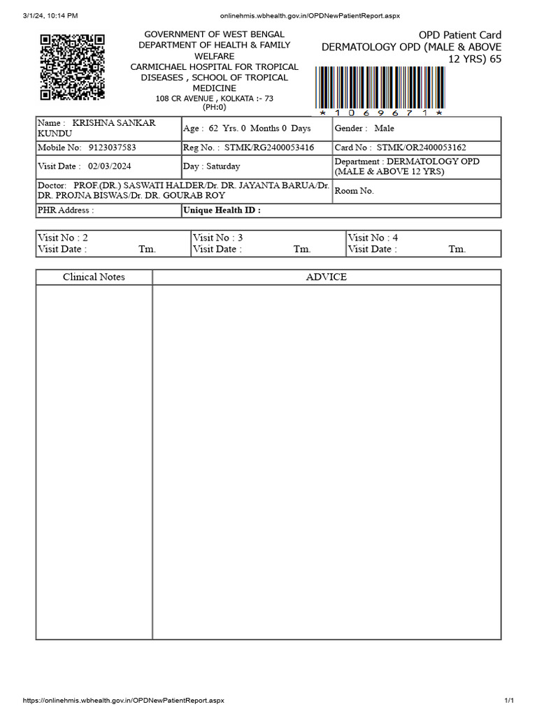 OPD Patient Card for Dermatology Visit | PDF