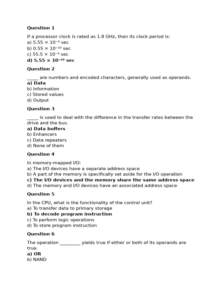 Computer Architecture Quiz Questions | PDF | Central Processing Unit ...