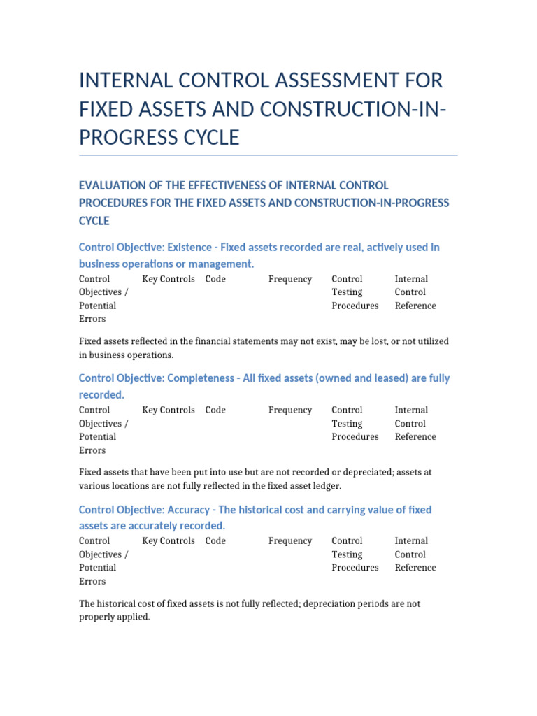 Internal Control Assessment: Fixed Assets | PDF