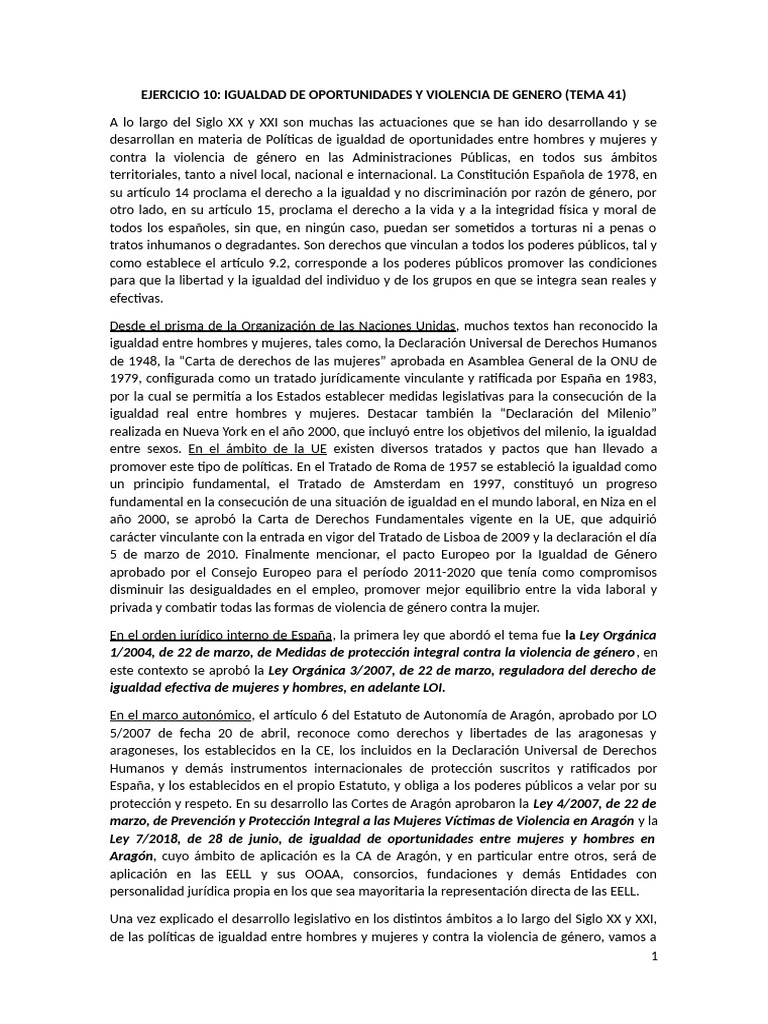 Ejercicio 10 Igualdad de Oportunidades y Violencia de Genero | PDF ...