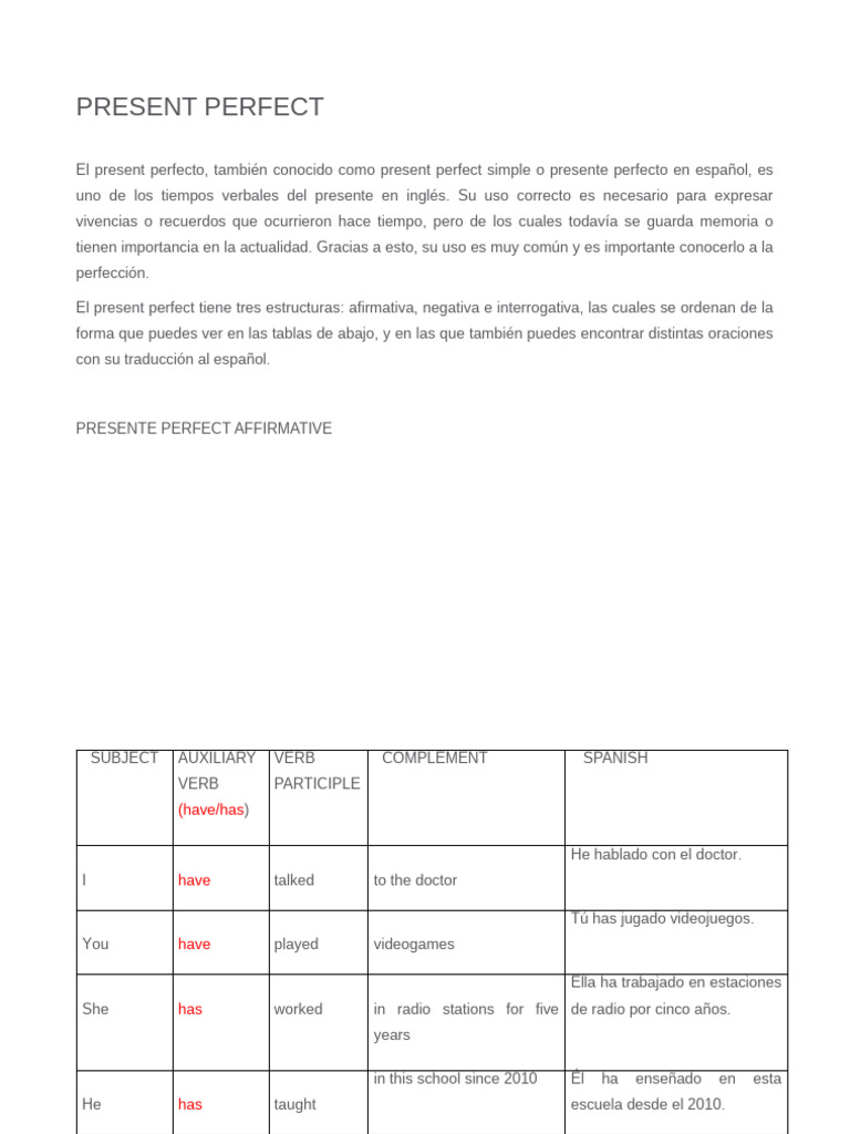 Uso del Present Perfect en Inglés | PDF