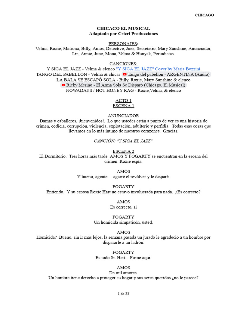 Chicago: El Musical - Guion y Canciones | PDF