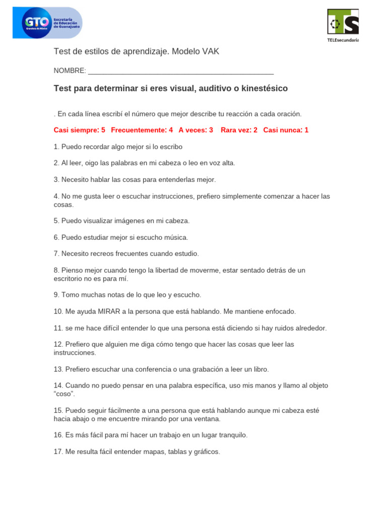 Test de Estilos de Aprendizaje VAK | PDF