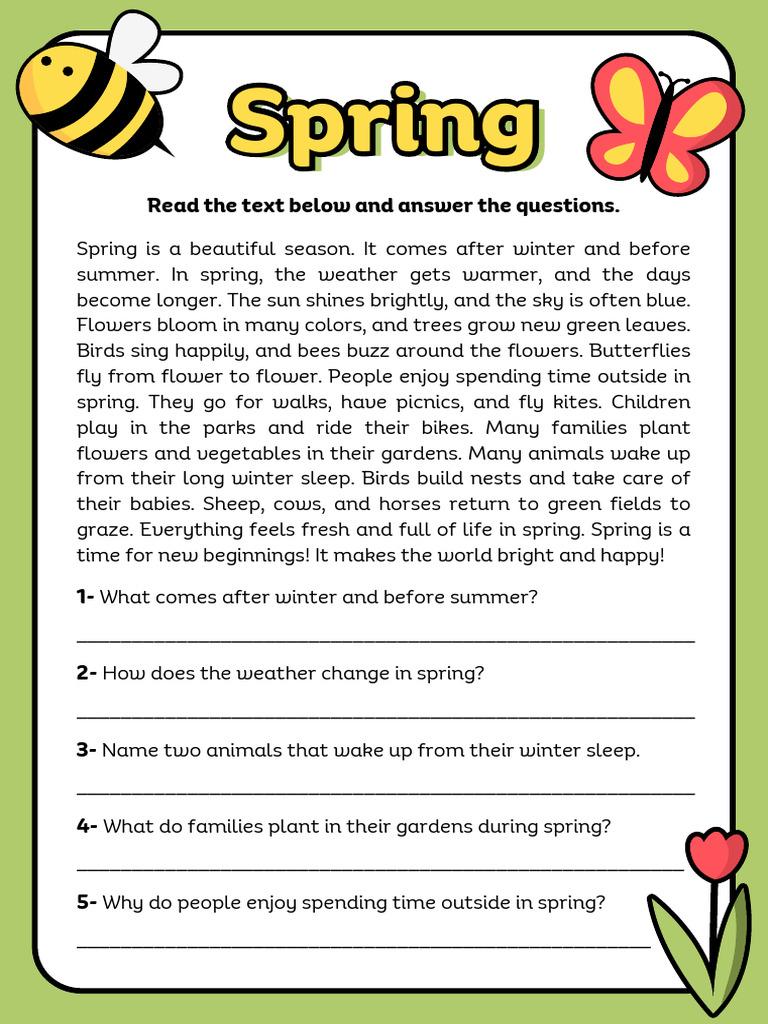Spring Reading Comprehension Worksheet | PDF | Flowers | Zoology