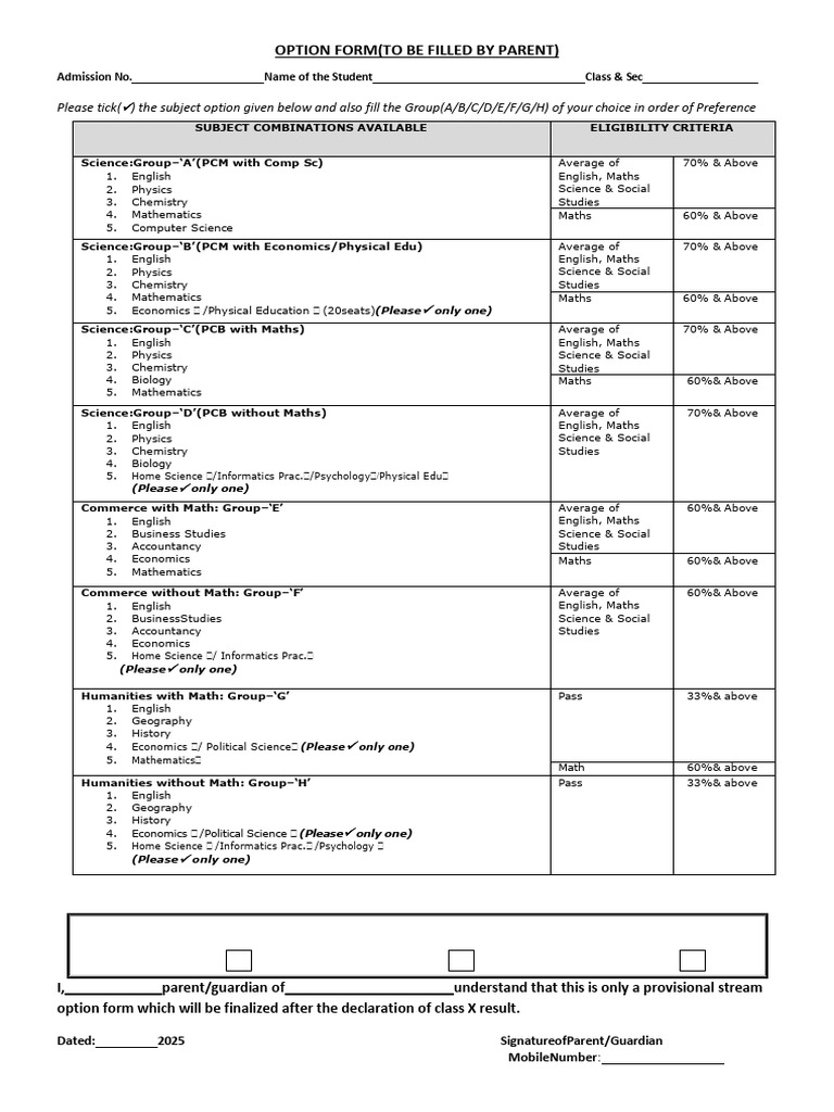 Student Subject Option Form | PDF | Mathematics | Science