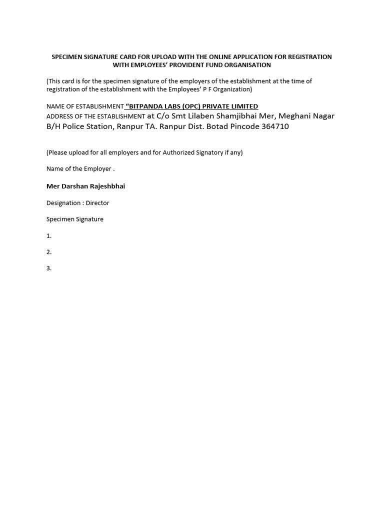 Specimen Signature Card for EPFO Registration | PDF