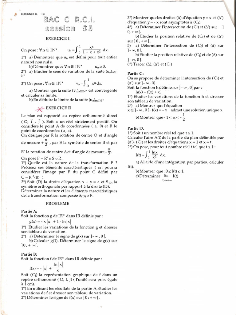 Bac C 1995 Mathsrci | PDF | Mathématiques | Analyse mathématique
