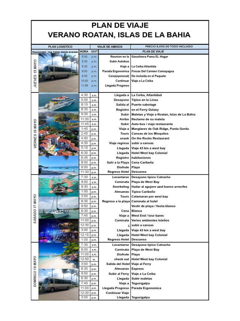 ROATAN 15 MAYO - PLAN DE VIAJE | PDF | Comida | Comportamientos ...